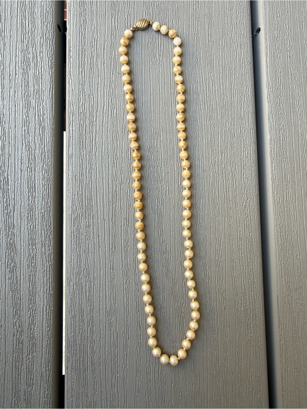 Vintage Marvella Faux Pearl Necklace 20” Knotted Signed Gold Clasp